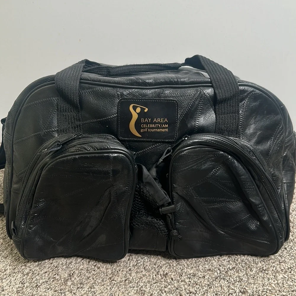 Black leather Bay Area celebrity/AM golf tournament bag